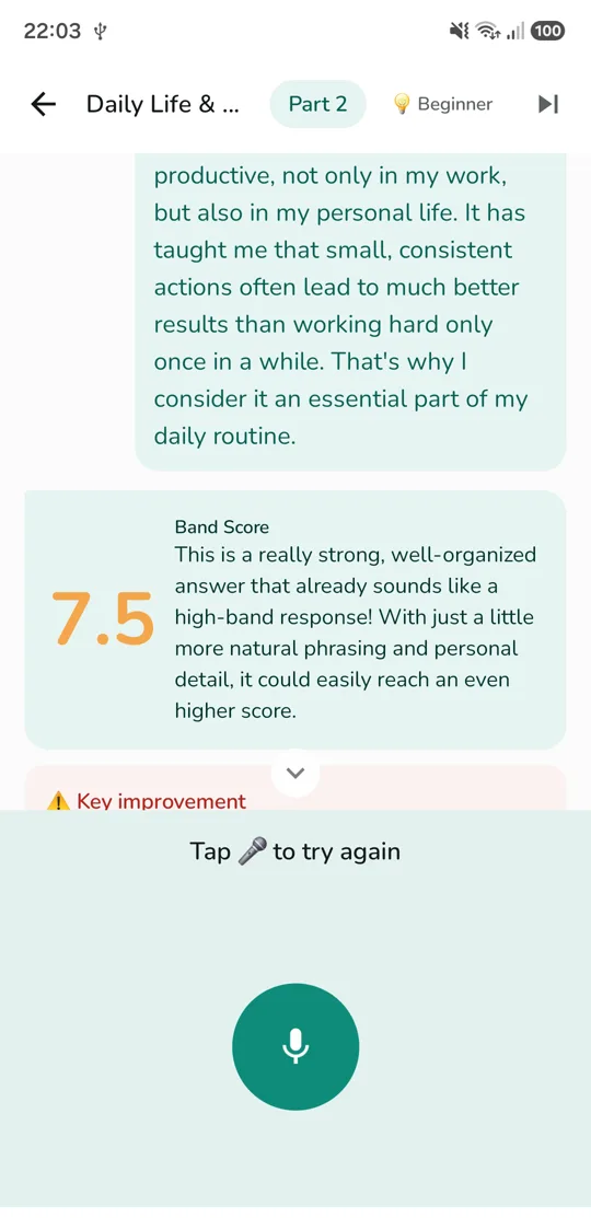 Speakband showing a band 7.5 estimate with written feedback on a Part 2 answer